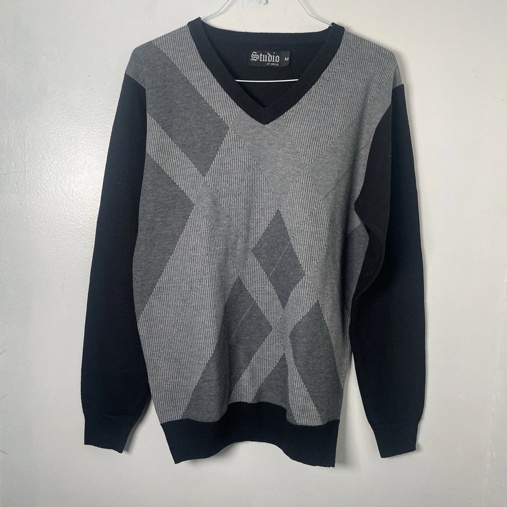 Studio By Omega Men’s Medium Pullover V-Neck Sweater Black Grey